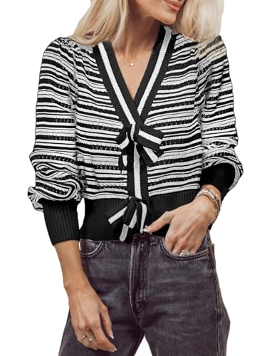 Image of ThCreasa Womens Long Sleeve Striped Cropped Sweater Bow Loose V Neck Knit Trendy Pullover Sweaters