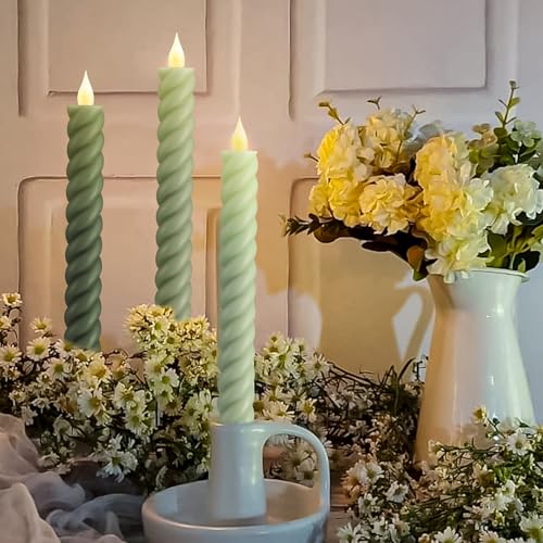 Image of Baquler 6 Pcs Sage Green Flameless Taper Candle Twisted LED 9.65 Inch Taper Candles Battery Operated Twisted Candlesticks for Summer Wedding Birthday Home Party Holiday Dinner Fireplace Decor
