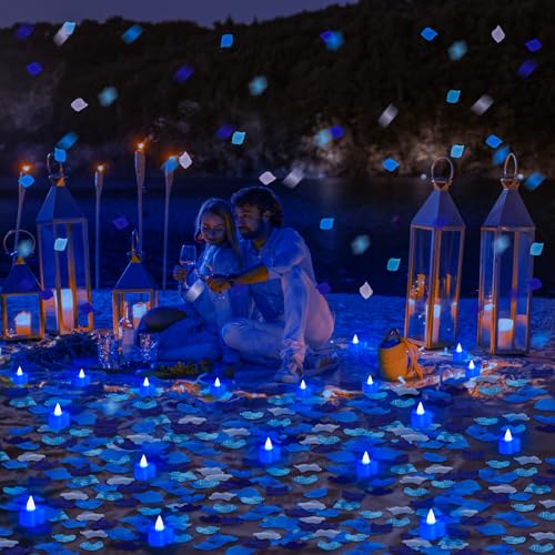 Image of Coume 6000 Pieces Artificial Rose Petal 72 Pieces LED Tealights Candle, Romantic Decorations Special Night Rose Petal Heart Candle for Valentines Wedding Anniversary Proposal Decor(Cute Blue Light)