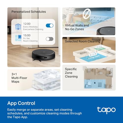 TP-Link Tapo RV20 Max Plus 5300 Pa Robot aspirateur et Balai à Franges avec Navigation LiDAR MagSlim™, Design Ultra-Fin, Station d'accueil à Vide Automatique, Nettoyage Intelligent Personnalisable et