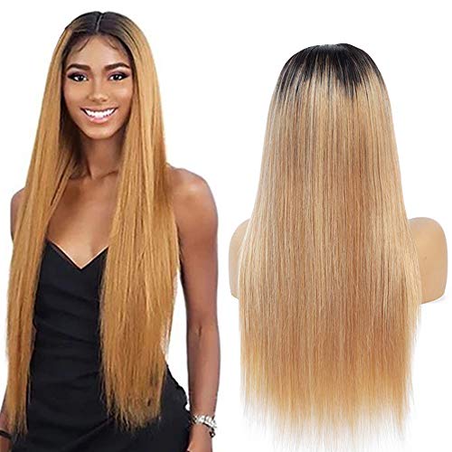 NIUDINNG Lace Front Perücke 4x4 Lace Wig Ombre Blond Straight Brasilianische Haare Perücke Farbe #1B 27 Honigblond Haare Lange Swiss Lace 4x4 FreePart Glueless Wig 22 zoll Cover