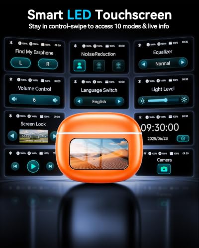 Image of Wireless Earbuds with Smart Touchscreen Case, Bluetooth 6.0 Ear Buds with AI Noise Cancelling Calls, 40H Playtime Stereo Headphones, IPX7 Waterproof Earbuds for Workout, Travel, iPhone,Android,Orange