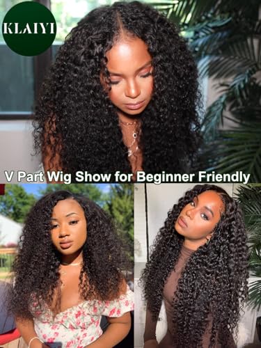 Image of KLAIYI EasiContour V Part Wig Human Hair Curly Glueless Wear And Go Clip In Half Wig Upgrade U Part Wigs for Women 12A No Leave Out No Glue Beginner Friendly Natural Black Color Ready to Wear 22Inch