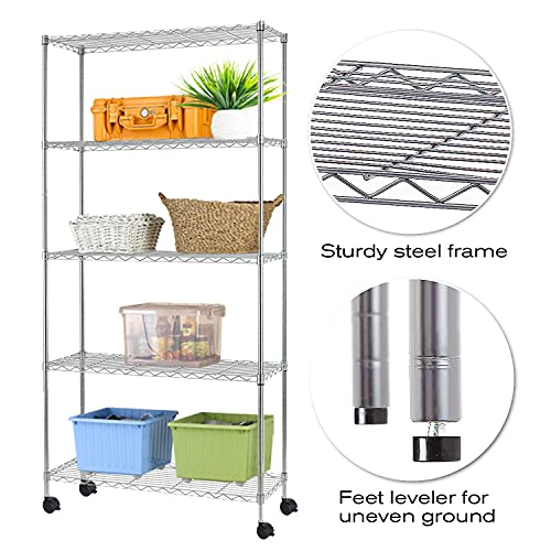 5-Tier Shelving Unit Storage Shelves with Wheels Heavy Duty Metal Storage Rack NSF Height Adjustable for Laundry Bathroom Kitchen Garage Pantry Organization -60\"x30\"x14\"(Chrome)