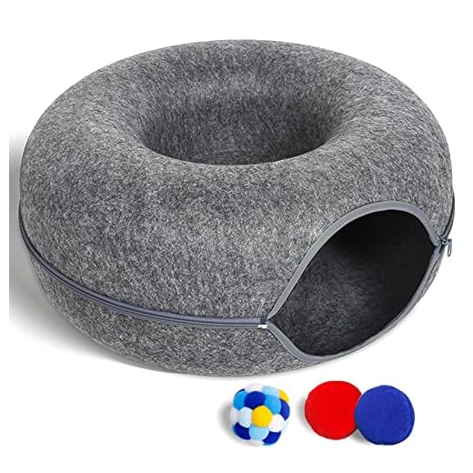 Large Cat Tunnel Bed for Indoor Cats with 3 Toys, Scratch Resistant Donut Cat Bed, for Cats up to 15 Lbs (L(24x24x11), Dark Grey)