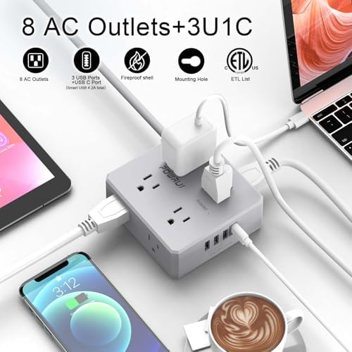 Surge Protector Power Strip - 6 Ft Flat Plug Extension Cord with 8 Widely Outlets and 4 USB Ports(1 USB C), 3 Side Outlet Extender for Home Office, Grey, ETL Listed - 1