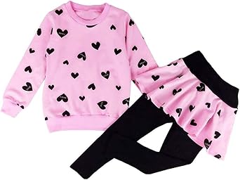 Little Girls Outfits Clothes Toddler Long Sleeve Heart Print Hoodie Shirts Top + Leggings Kids Clothing Set