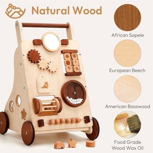 Woodtoe Wooden Baby Walker, Adjustable Push and Pull Learning Activity Center Walker Toy, Natural Wood Sit to Stand Walker for Baby Learning to Walk, Educational Birthday for Toddler Boy Girl 1+ - Thumbnail 6