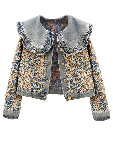 Kedera Women's Jacquard Denim Jacket Long Sleeve Peter Pan Collar