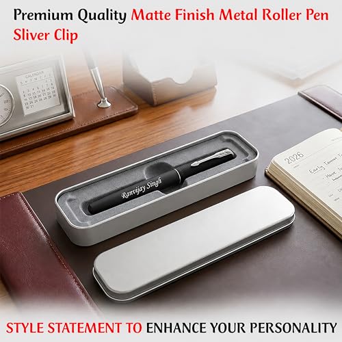 Image of SAVRI Personalized Parker Roller Pen with Name Engraved | Teacher's Day, Valentine's Day, Employee Corporate Gift | Matte Black Pen with Blue Refill | Customized, Printed, Name on It.