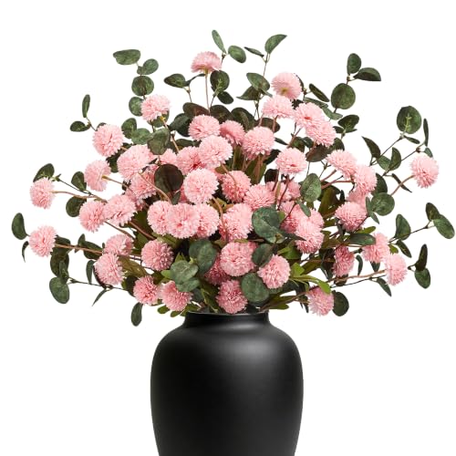 SITUMEIZI Pink Artificial Pompon Flowers, 6 Fake Mum with 2 Eucalyptus