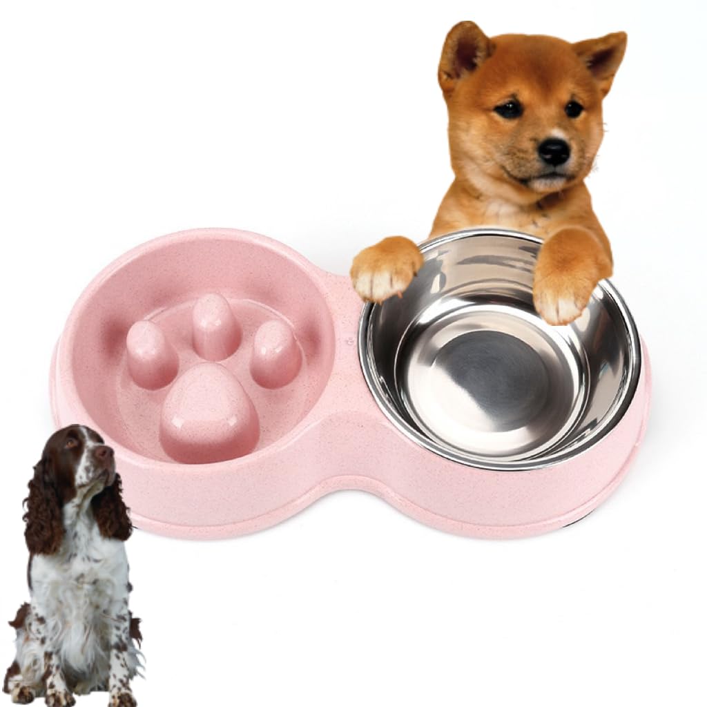 LIDOUK Double Dog Bowls for Food and Water,Premium Removable Stainless Steel Double Bowls with Non-Slip Bottom Non-Spill Dog Food Bowls for Pet and Small Dogs Cats etc (Pink)