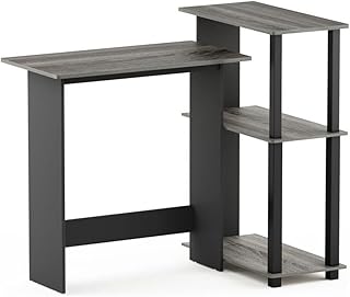 Furinno Abbott Corner Computer Desk with Bookshelf, French Oak Grey/Black