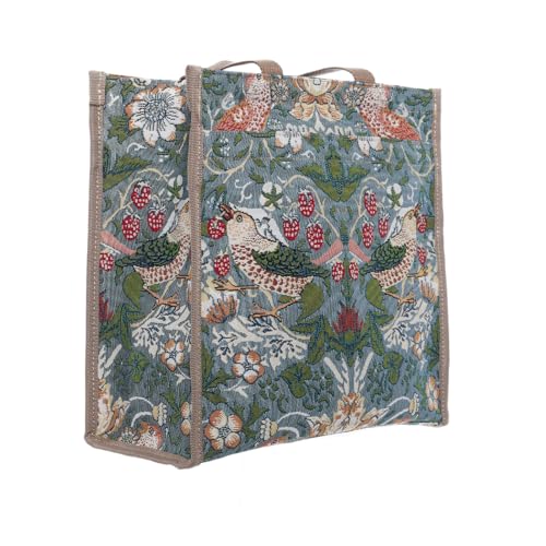 Signare Bolsa de la compra con tapiz de ladrón de fresas, diseño de William Morris, patrón floral gris y azul (Strawberry Theif gris, SHOP-STGR), Strawberry Thief Grey, One Size