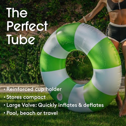 Image of FUNBOY Giant Green & Blue Stripe Inflatable Pool Float with Cup Holder, 48 inch Adult Inner Tube Swim Ring Pool Lounger