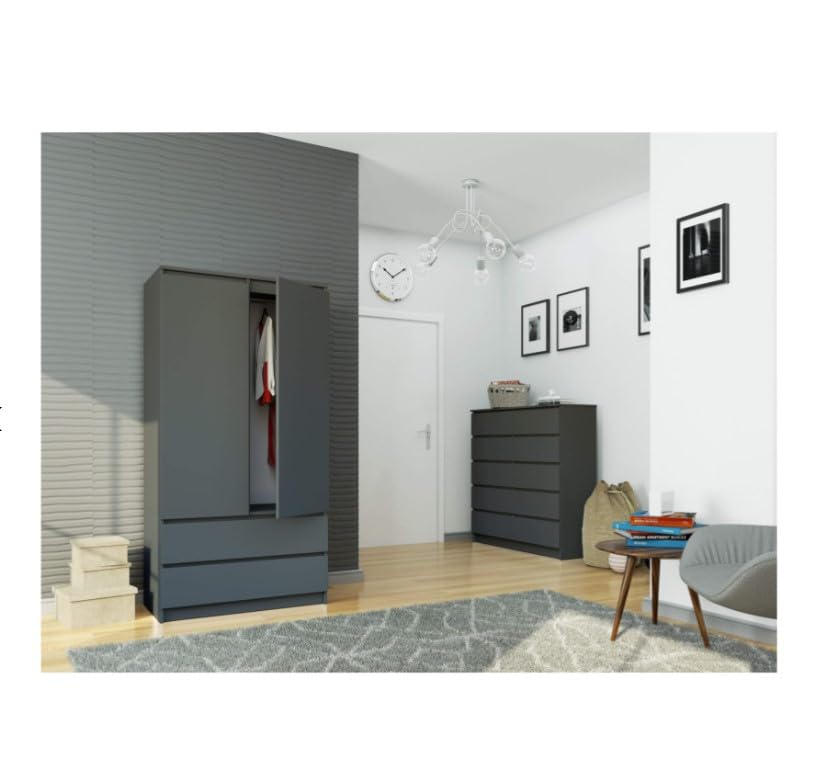 BDW Armoire à 2 Portes, 4 étagères, Penderie, 2 tiroirs, pour Chambre à Coucher, Salon, Couloir, 180 x 90 x 51 cm (Gris)