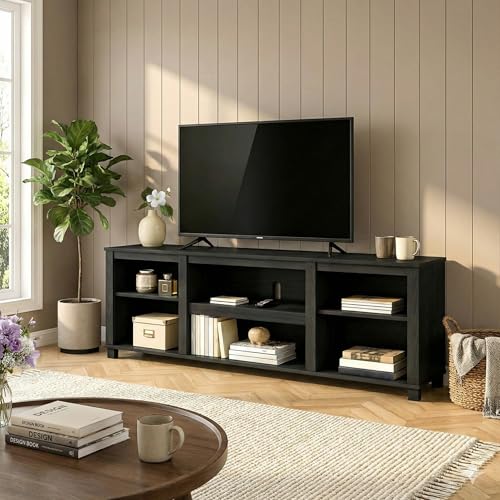 Tabacir TV Stand for 50 Inch TV, Media Console Table with Open Storage Cubbies, Modern Black Entertainment Center with Cable Management for Bedroom, Living Room, Gaming, Wood Grain