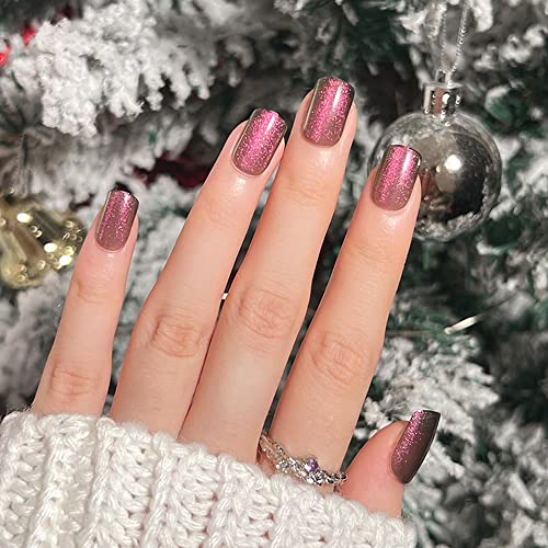 Red Sequins Press on Nails Short Square,KQueenest Glossy Fake Nails Exquisite Christmas Gift Kit Acrylic Nails Full Cover Stick on Nails Set For Women Christmas Daily Decor
