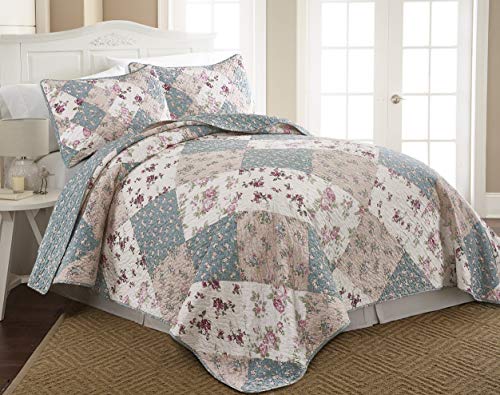 Chemzoi Collection Jolie 3-Piece Garden Floral Vintage Washed 100%-Cotton Reversible Diamond Patchwork Quilt Set, Queen #TOP1