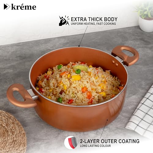 Image of Kreme Sonet 4.5L Biryani Pot with Glass Lid, Induction and Gas Compatible, Casserole Set, Non-Stick & Non-Toxic, Biryani Pulao Serving Pot, Bronze