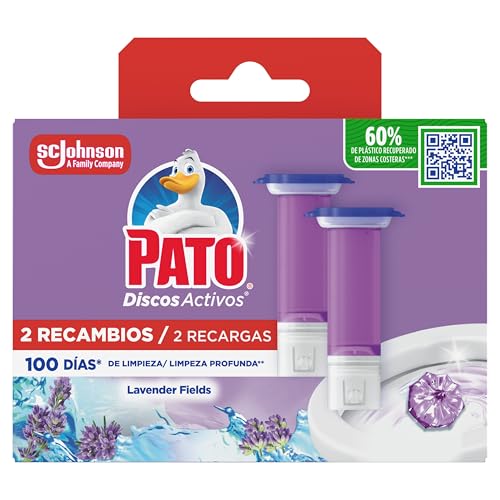 Pato Discos Activos WC Lavanda, Limpia, Refresca y Perfuma el Inodoro, Eficacia 360°, 2 Recambios = 12 discos