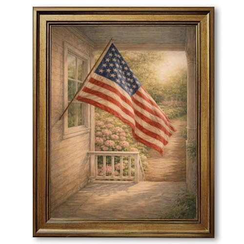 Framed American Flag Porch Scene Canvas Print Vintage Rustic Wall