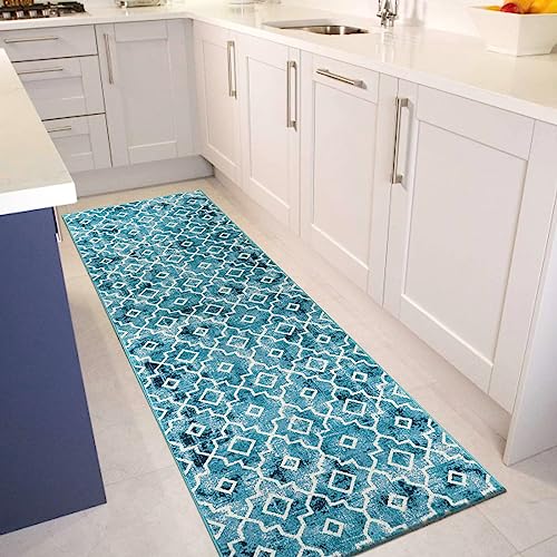 Moynesa Washable Area Rug, 2X6 Runner Rug For Hallway Non Slip, Moroccan Teal Bedroom Laundry Room Carpet Runner Geometric Trellis Throw Mat For Kitchen Sink Bathroom Living Room Entryway #TOP6