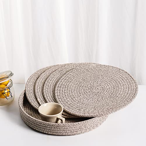 ART PineCone 5-Piece Round Cotton Rope Placemats & Holder, Taupe Mix