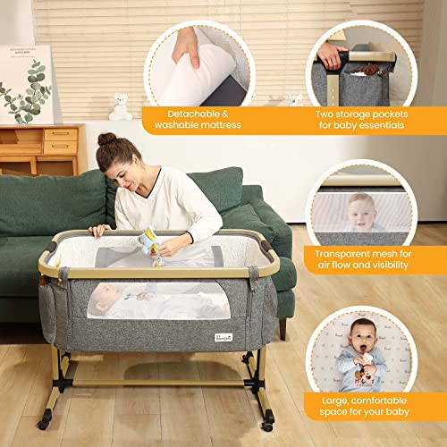 Li’l Pengyu Bedside Bassinet For Baby, Adjustable Baby Bassinets Bedside Sleeper With Cotton Mattress,Tool-Free Assemble Portable Rolling Cribs With Travel Bag Large Breathable Mesh (Yellow) #TOP4