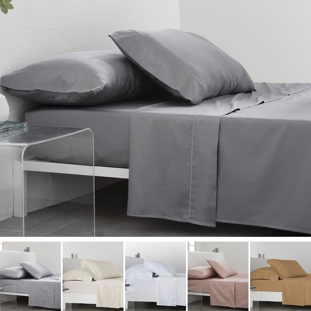 COTTON ARTean Juego de sabanas de Saten Algodon Egipcio DE 300 Hilos Gris Cama de 150 x 190/200. 100% Algodon Egipcio Gris.