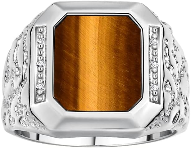 Rylos Men's Rings With Diamonds and Black Onyx, Tiger Eye, Blue, Green, or Red Quartz Set in Designer Nugget Style - Unique Sterling Silver Rings for Men, Sizes 8-13