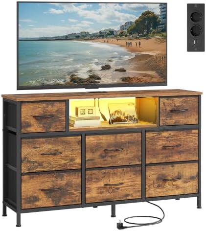 SONGMICS Kommode, Sideboard mit 8 Stoffschubladen, 113,8 x 30 x 68,1 cm | TV-Schrank mit Steckdosen und LED-Beleuchtung, Stahlgestell, für Schlafzimmer, Vintagebraun, BELLAH Kollek