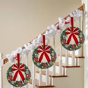 Hausse Set of 3 Christmas Wreaths Lighted Artificial Christmas Wreath with LED Lights Large Red Bow Ornaments 8 Modes Timer Battery Operated for Front Door Gate Wall Xmas Party Decorations
