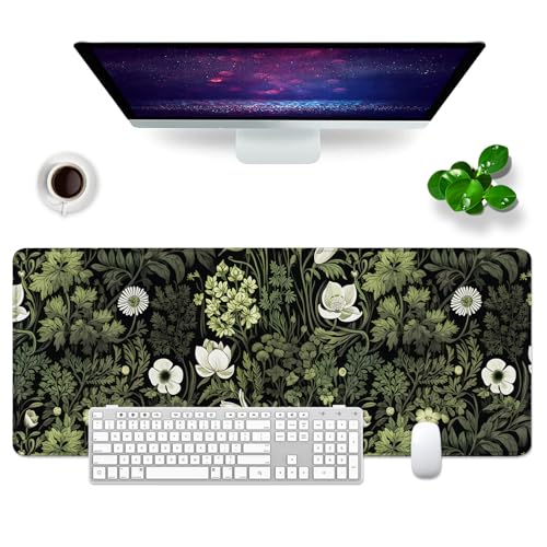 Tapis de souris pour ordinateur PC et grand tapis de bureau fleuri 80x30 cm style floral noir