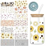Flower UV DTF Cup Wrap - 12 Boho Flowers UV DTF Cup Wraps Transfer Stickers for 16 oz Glass Cups, Waterproof Daisy Sunflower Decals with Floral UV DTF Cup Wrap for Cup Bottom or Lid Top Crafts