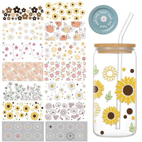 Flower UV DTF Cup Wrap - 12 Boho Flowers UV DTF Cup Wraps Transfer Stickers for 16 oz Glass Cups, Waterproof Daisy Sunflower Decals with Floral UV DTF Cup Wrap for Cup Bottom or Lid Top Crafts