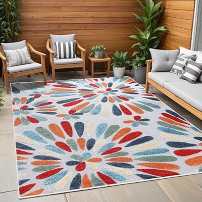 Superior Marigold Indoor Outdoor Area Rug, Perfect for Patio, Poolside, Backyard, Playroom, Kitchen, Bedroom, Dining Room, Entryway, Mudroom, Oversized Floral Floor Cover, 5' 6" x 8', Multicolor