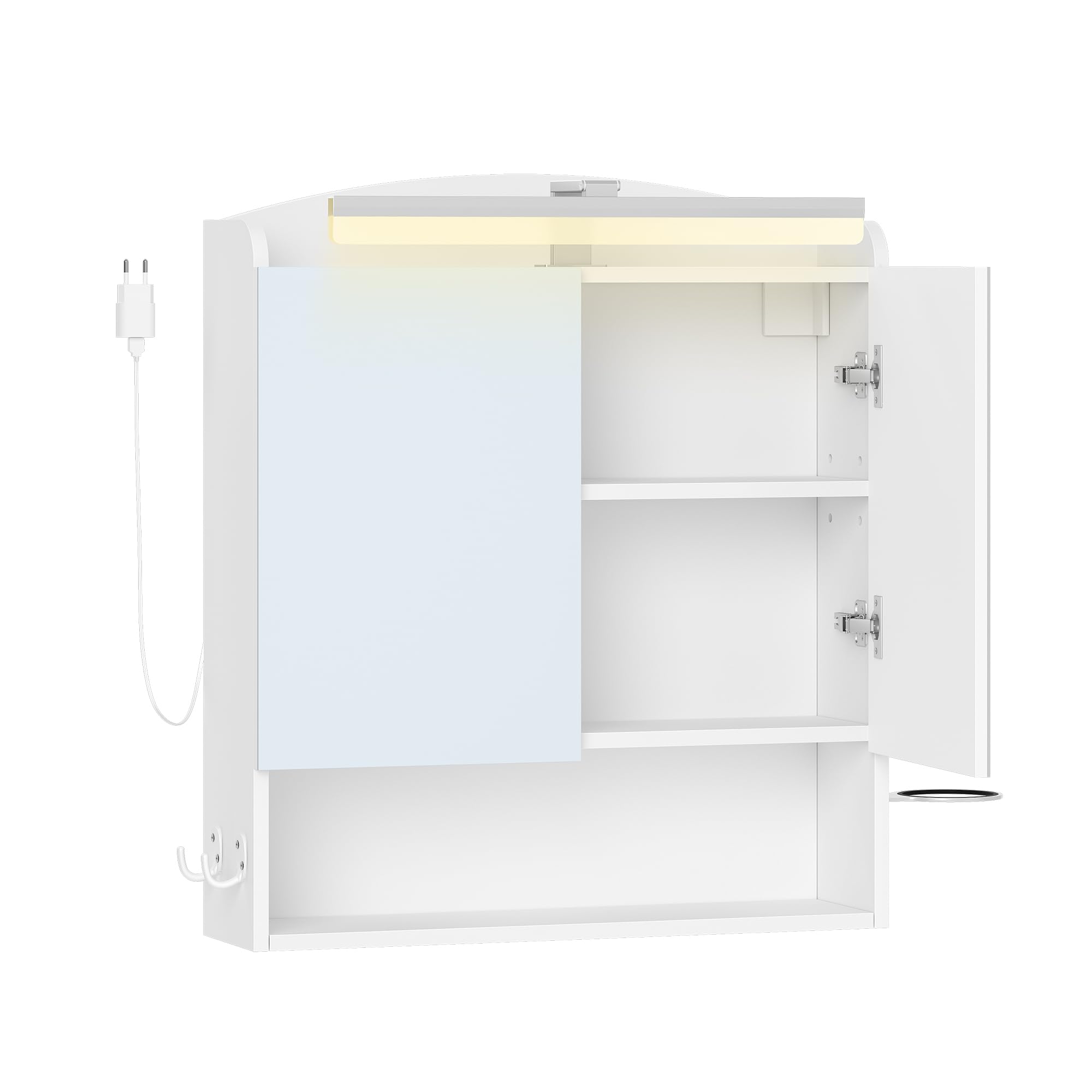 Hzuaneri Armoire Murale Salle de Bain avec Miroir et LED, Meuble de Salle de Bain avec miroir, prise et interrupteur, avec Étagère Réglable, Support Sèche-Cheveux, Blanc 16,5 x 60 x 68,5 cm MC10003XEU