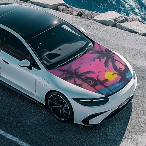 Image of Car Hood Cover Polyester Elastic Fabrics Sunset Palm Trees Car Hood Cover for Leaves Suitable for Auto Car Truck, Van, SUV, Pickup, Car Accessories