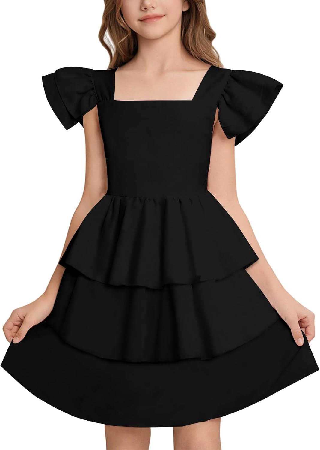 21KIDS Girls Summer Dress Flutter Sleeve Smocked Tiered Elegant Casual Dresses for Girls 8-12 Years