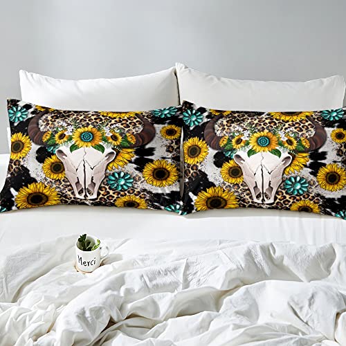 Castle Fairy Cow Skull Duvet Cover Set Queen Size For Boys Girls Room Decor, Leopard Print Bedding Sets, Sunflower Floral Plant Theme Comforter Cover With 2 Pillowcases, Multicolor #TOP4