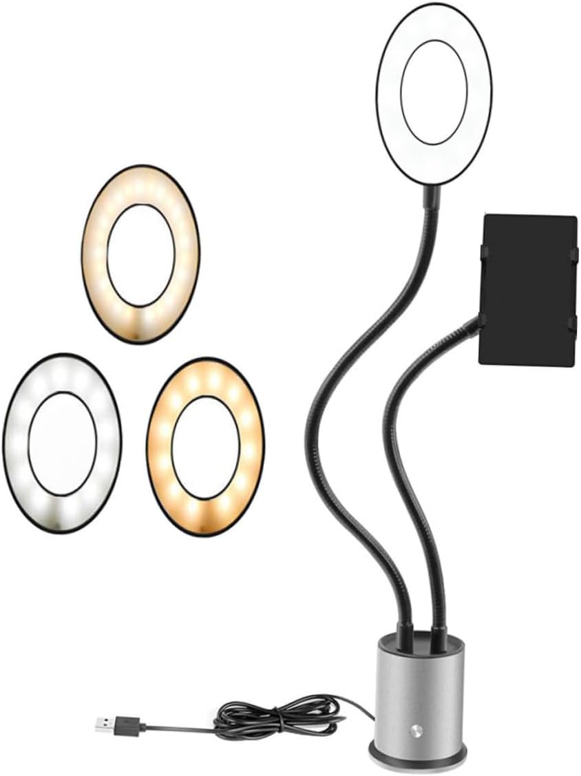 3-Color Selfie Ring Light Phone Holder Stand for Live Streaming and Makeup Adjustable Height Compatible with Smartphones Portable LED Lighting for Beauty and Video Calls