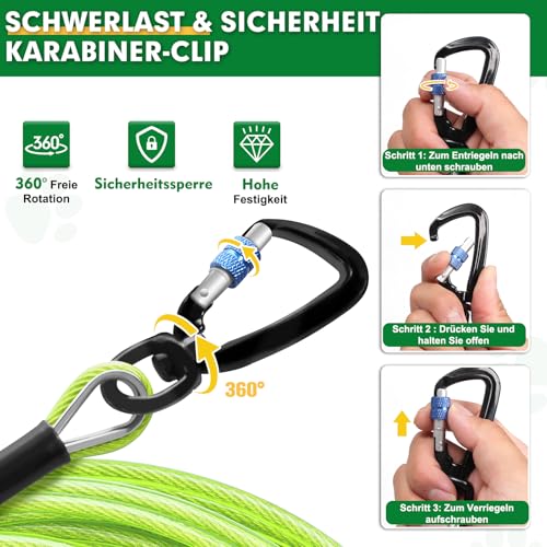 Hofleine Für Hunde, 9m Hofleine Tie Out Leinen, Tie Out Cables Für Hunde mit Schraubverschluss, Hofleine Tie Out Leinen mit Stoßdämpfender Feder bis 1000LBS, Hofleine Leine Bissfest Für Camping