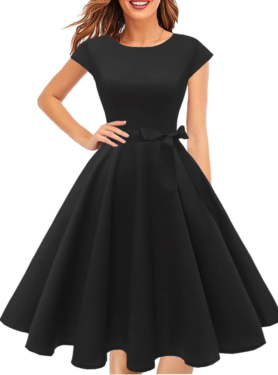 PUKAVTWomen's 1950 Boatneck Cap Sleeve Vintage Swing Cocktail Party Dress with Pockets