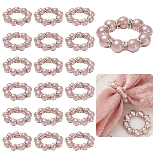 JarThenaAMCS 100Pcs Rose Gold Pearl Napkin Rings Stretched Pearl Beaded Napkin Holder Buckles Pearls Rhinestone Dinner Table Ring for Wedding Birthday Valentine's Day, 1.6 Inch