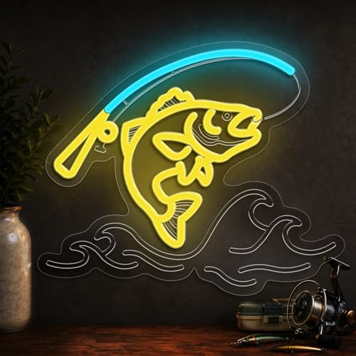Image of Fishing Neon Sign for Wall Decor,Dimmable Fishing Hook Neon Light Up Signs for Yacht Man Cave Living Room Father's Gifts