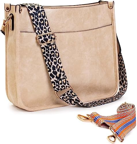 Crossbody Bags for Women Trendy Vegan Leather Beige Crossbody Bags Women's Hobo Handbags Fashion Guitar Strap Crossbody Shoulder Purse Bucket Bag for Women With 2 Adjustable Straps