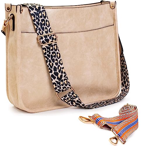 Crossbody Bags For Women Trendy Vegan Leather Beige Crossbody Bags Women's Hobo Handbags Fashion Guitar Strap Crossbody Shoulder Purse Bucket Bag For Women With 2 Adjustable Straps #TOP18