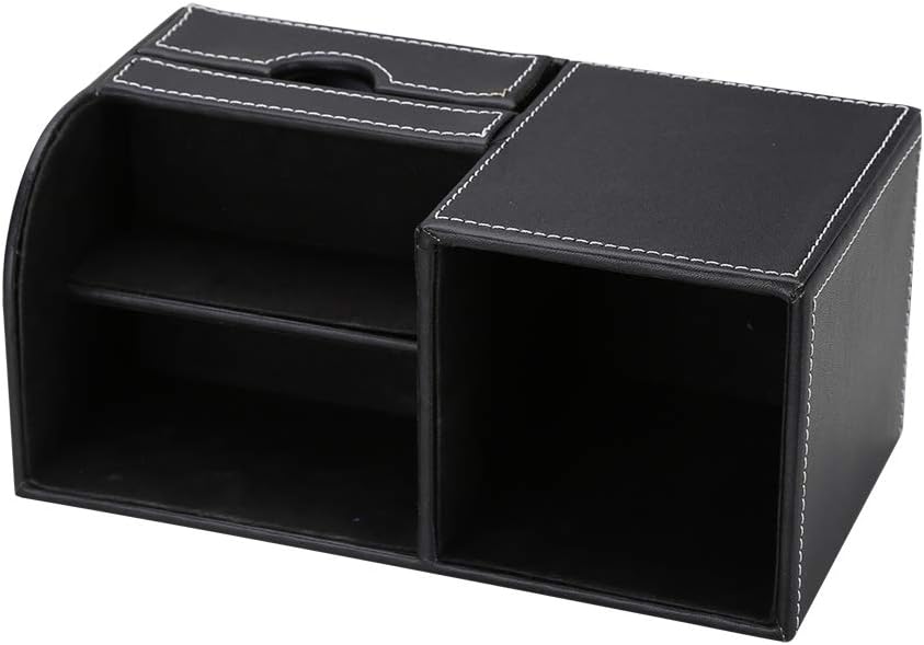 KINGFOM Desk Organizer Office Supplies Caddy Pu Leather Multi-function Storage Box Pen/Pencil,Cell phone, Business Name Cards Remote Control Holder with Small Drawer Black