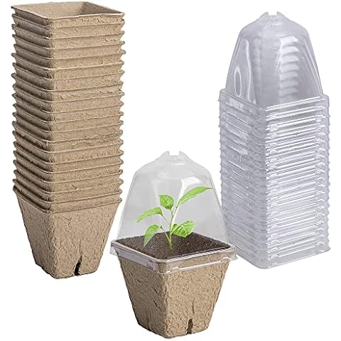 PURPLE STAR 1N 20 Pcs Biodegradable Nursery Pots with Humidity Dome- 2.3 Inch Square Seeding Starter Pots for Planting- Peat Pots for Seedlings Garden Vegetable Flower Germination Cover